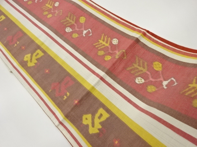 JAPANESE KIMONO / VINTAGE FUKURO OBI / TSUMUGI / WOVEN BIRD & ABSTRACT FLORAL PLANTS